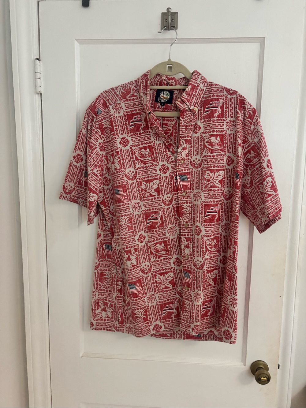 Reyn Spooner Red Hawaiian Shirt - Flags & Palms Print - L 🌺🇺🇸